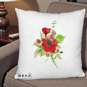 Perna Decorativa Buchet Rosu Acuarela, 40x40 cm, Alb Pufos, Husa Detasabila, Perna Inclusa, BEKZ®