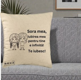 Cadou pentru Sora - Perna Personalizata Sora Mea Te Iubesc Copii Anime Line Art, 40x40 cm, Bej, Husa Detasabila, Perna Inclusa, BEKZ®
