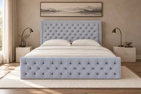 Pat tapițat Chesterfield din catifea Ophelia Deluxe 120×200 cm, gri deschis, cu ladă de depozitare
