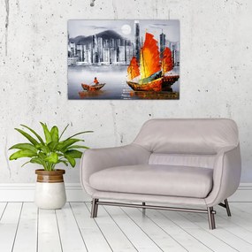 Tablou pe sticlă - Victoria Harbour, Hong Kong, pictură în ulei alb- negru (70x50 cm)