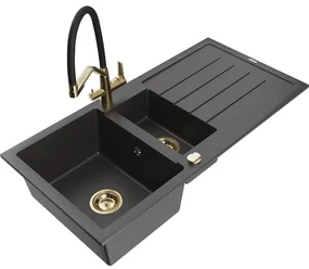 Mexen Andres chiuvetă de granit cu 1,5 camere și scurgător și baterie de bucătărie Duo, negru stropit - 6515-76-671701-57-G