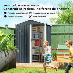 Outsunny Magazie de Grădină 1,1m² din Oțel Galvanizat, Magazie de Grădină cu Ușă Glisantă Blocabilă, Acoperiș Înclinat, Mănuși, Magazie pentru Unelte, 136x87x179 cm, Gri Închis | Aosom Romania