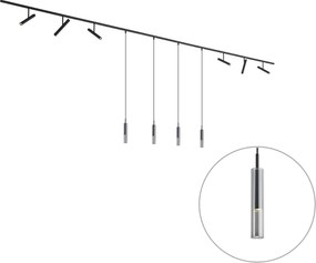 Sistem de iluminat pe șină modern negru cu 6 spoturi și 4 lumini suspendate negre monofazate - Slimline Avery Loyce