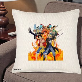 Perna Personalizata One Piece Echipa Straw Hat in Flacari, 40x40 cm, Crem Reliefat, Husa Detasabila, Perna Inclusa, BEKZ®