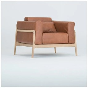 Fotoliu din piele bovină cu structură din lemn masiv de stejar Gazzda Fawn, maro cognac