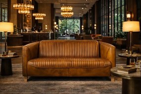 Canapea 2 locuri din piele naturală, cognac, aspect vintage, Pilot, 125 x 86 x 68 cm