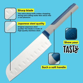 Cutit Santoku Tasty 678243, Maner moale, 13 cm, Otel inoxidabil, Albastru