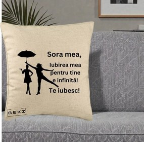 Cadou pentru Sora - Perna Personalizata Sora Mea Te Iubesc Siluete Negre cu Umbrela, 40x40 cm, Bej, Husa Detasabila, Perna Inclusa, BEKZ®