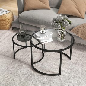 HOMCOM Set de 2 Mese de Cafea Suprapozabile din Sticlă și Oțel, Ø70x47.5 cm și Ø54x42.5 cm, Negru | Aosom Romania