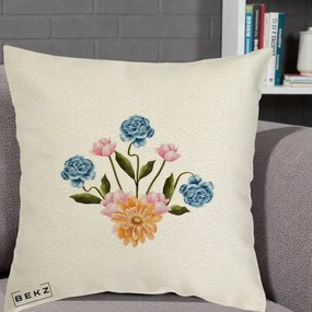 Perna Decorativa Buchet Primavara Acuarela, 40x40 cm, Ecru, Husa Detasabila, Perna Inclusa, BEKZ®
