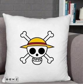 Perna Personalizata One Piece Jolly Roger Straw Hat Pirates, 40x40 cm, Alb Pufos, Husa Detasabila, Perna Inclusa, BEKZ®