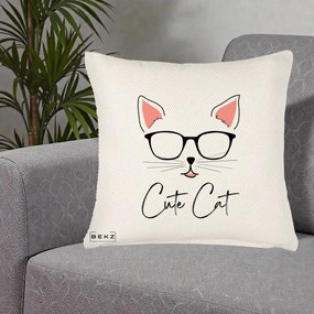 Perna Personalizata Cute Cat cu Ochelari, 40x40 cm, Crem Reliefat, Husa Detasabila, Perna Inclusa, BEKZ®