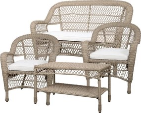 Set lounge exterior boho chic din rattan sintetic cu canapea, 2 fotolii și măsuță, perne incluse, "Riviera"