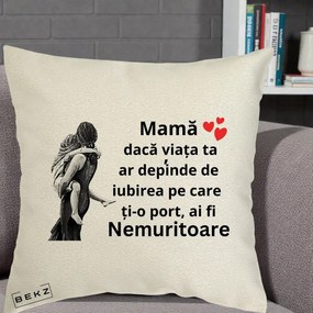 Cadou pentru Mama - Perna Personalizata Mama Nemuritoare Gravura Vintage, 40x40 cm, Ecru, Husa Detasabila, Perna Inclusa, BEKZ®