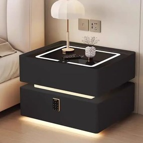 Noptieră inteligentă multifuncțională, sertar tip seif cu blocare cu parolă, încărcare Wireless, difuzor Bluetooth, iluminare LED touch în 3 culori, Negru