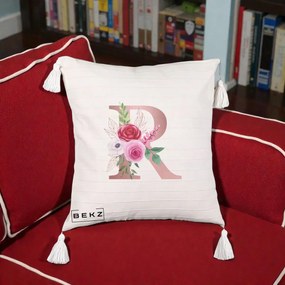 Cadou Personalizat - Perna Personalizata Monograma Rose Gold Litera R, 40x40 cm, Bej cu Franjuri, Husa Detasabila, Perna Inclusa, BEKZ®