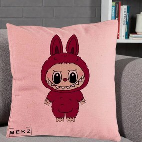 Perna Personalizata Labubu Rosu-Visiniu Solo, 40x40 cm, Roz, Husa Detasabila, Perna Inclusa, BEKZ®