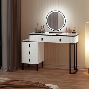 Masuta machiaj cu Oglinda LED si 5 Sertare pentru Cosmetice, Set Masa toaleta 100 cm, Alb, masuta cosmetica, vanity - SEA470