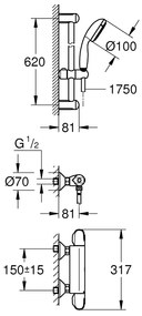 Baterie cabina de dus cu termostat Grohe Grohtherm 1000 New, set dus inclus-34151004