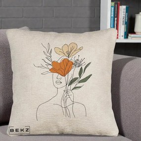 Perna Decorativa Portret Feminin Coroana Florala, 40x40 cm, Bej Canapea, Husa Detasabila, Perna Inclusa, BEKZ®