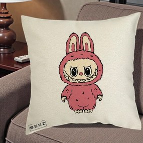 Perna Personalizata Labubu Roz Solo, 40x40 cm, Ecru, Husa Detasabila, Perna Inclusa, BEKZ®