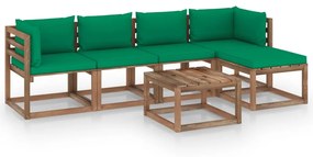 Set mobilier de gradina, 6 piese, cu perne verzi Verde, 2x colt + 2x mijloc + suport pentru picioare + masa, 1