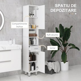 kleankin Mobilier pentru Baie cu 1 Sertar 3 Rafturi Ajustabile și 2 Dulapuri, 30x30x180 cm, Alb Lucios | Aosom Romania