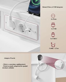 SEA822 - Set Masa toaleta 110 cm, 9 Sertare, Oglinda cu LED, Priza, USB si USB-C, masuta vanity, make-up cu Organizator Bijuterii - Alb