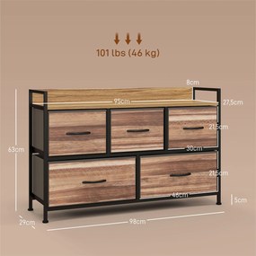 HOMCOM Comodă de Depozitare 5 sertare din Material Textil 98 x 29 x 63 cm structură din oțel negru | Aosom Romania