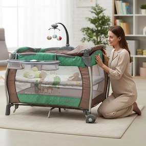 Patut Pliabil rotund cu balansoar, Tarc copii Baby Care™ PRO FRW, 2 Niveluri de inaltime, Cu melodii si Masa infasat, Carusel cu jucarii din plus,