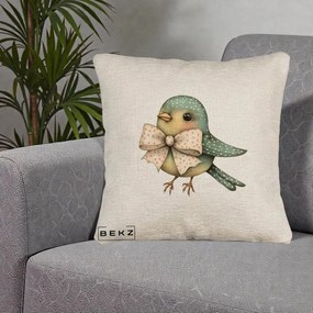 Perna Decorativa Pasare Teal cu Fundita cu Buline, 40x40 cm, Bej Canapea, Husa Detasabila, Perna Inclusa, BEKZ®