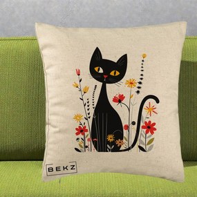 Perna Decorativa Pisica Neagra Ochi Galbeni Flori, 40x40 cm, Bej, Husa Detasabila, Perna Inclusa, BEKZ®