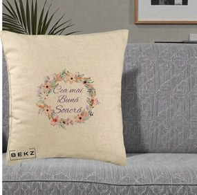 Cadou pentru Soacra - Perna Personalizata Cea mai Buna Soacra cu Coronita Flori Boho Pastel, 40x40 cm, Bej, Husa Detasabila, Perna Inclusa, BEKZ®