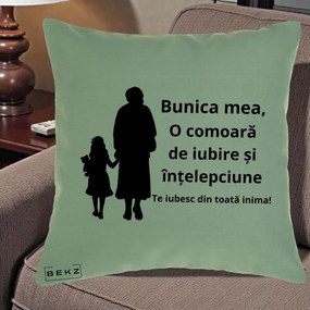 Cadou pentru Bunica - Perna Personalizata Bunica Mea Comoara Iubire Intelepciune Silueta, 40x40 cm, Verde, Husa Detasabila, Perna Inclusa, BEKZ®