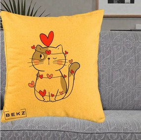 Perna Decorativa Pisica Kawaii cu Inimi, 40x40 cm, Galben, Husa Detasabila, Perna Inclusa, BEKZ®