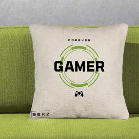 Perna Personalizata Forever Gamer, 40x40 cm, Bej Canapea, Husa Detasabila, Perna Inclusa, BEKZ®