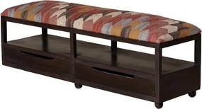 Banchetă hol multicolor din kilim de iută și lână și lemn de acacia înnegrit, cu 2 sertare și raft, 40 x 138 x 40,5 cm, „Tikana”