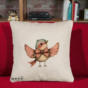 Perna Decorativa Pasare Roz cu Aripi si Fundita, 40x40 cm, Bej Canapea, Husa Detasabila, Perna Inclusa, BEKZ®