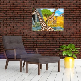 Tablou pe sticlă - Familia girafelor (70x50 cm)