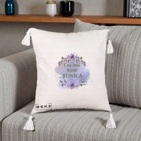 Cadou pentru Bunica - Perna Personalizata Cea Mai Buna Bunica Flori Mov Acuarela Auriu, 40x40 cm, Bej cu Franjuri, Husa Detasabila, Perna Inclusa, BEKZ®