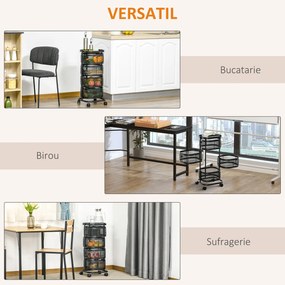 Carucior utilitar rulant cu cosuri metalice rotative, 4 niveluri de depozitare, otel si plastic PP, Negru 33x33x77cm HOMCOM | Aosom Romania