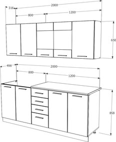 Bucatarie Riga, Pin Inchis/Alb, L 200 cm