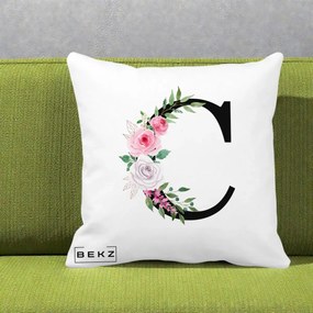 Cadou Personalizat - Perna Personalizata Monograma Florala Litera C, 40x40 cm, Alba Mata, Husa Detasabila, Perna Inclusa, BEKZ®