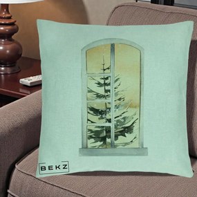 Perna Decorativa Fereastra cu Brad de Iarna, 40x40 cm, Verde Menta, Husa Detasabila, Perna Inclusa, BEKZ®