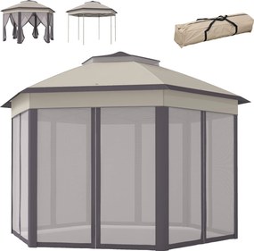 Outsunny pavilion de grădină pliabil 4 x 4 m Pop-Up, cort de petrecere, incl. geantă de transport, 6 părți laterale, acoperiș dublu, hexagonal, bej | Aosom Romania