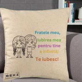 Cadou pentru Frate - Perna Personalizata Fratele Meu Te Iubesc Copii Anime Colorat, 40x40 cm, Bej, Husa Detasabila, Perna Inclusa, BEKZ®