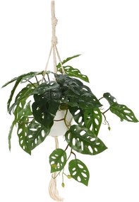 Planta Artificiala atarnatoare Monstera Obliqua, Azay Design, frunze verde inchis cu detalii realistice, in ghiveci alb cu agatatoare de sfoara alba tip macrame, inaltime planta 28cm