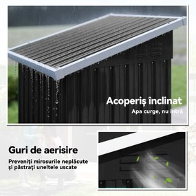 Outsunny Magazie de Grădină 0,74m² din Oțel Galvanizat cu Guri de Aerisire, Magazie cu Ușă Blocabilă, Acoperiș Înclinat, Mănuși, Depozitare Unelte, 107,5x91x185 cm, Gri Închis | Aosom Romania