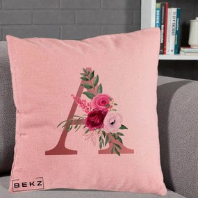 Cadou Personalizat - Perna Personalizata Monograma Rose Gold Litera A, 40x40 cm, Roz, Husa Detasabila, Perna Inclusa, BEKZ®