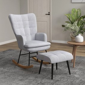 HOMCOM Fotoliu cu leagăn și otomană în design scandinav Fotoliu cu taburet, Lemn de fag, Captuseală, 64 cm x 89 cm x 90 cm Gri | Aosom Romania